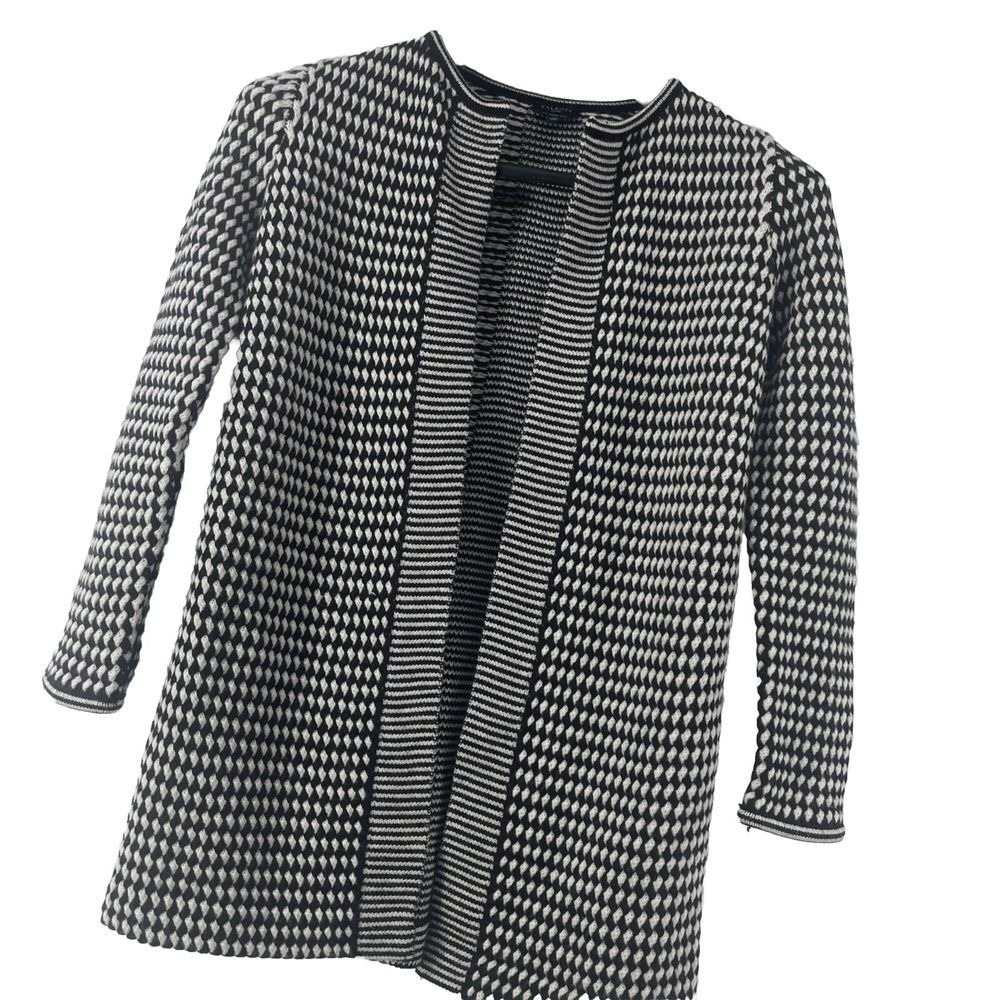 TALBOTS Merino Wool Cardigan‎ Womens Petite Small Black White Lagenlook Capsule